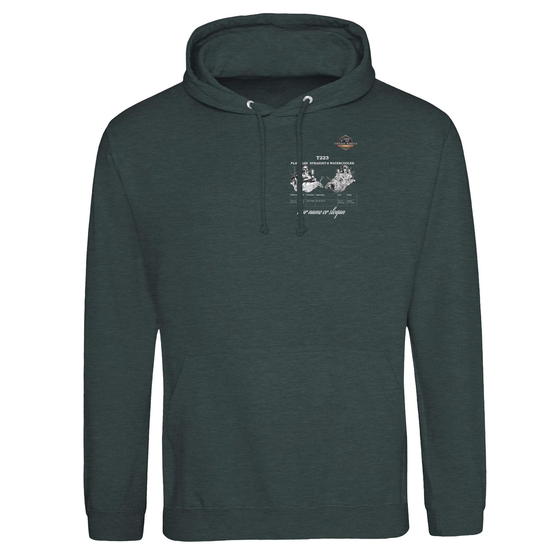 Straight Series Pullover hoodie in Charcoal featuring T223 Flathead Straight-6 Engine. Customized with your name or slogan