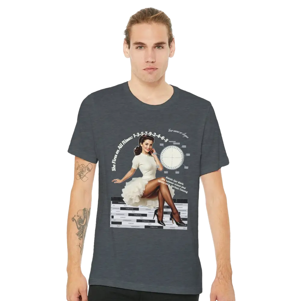 Model wearing unisex vintage pin-up engine diagram T-shirt with 1940's style artwork and technical print