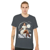 Model wearing unisex vintage pin-up engine diagram T-shirt with 1940's style artwork and technical print