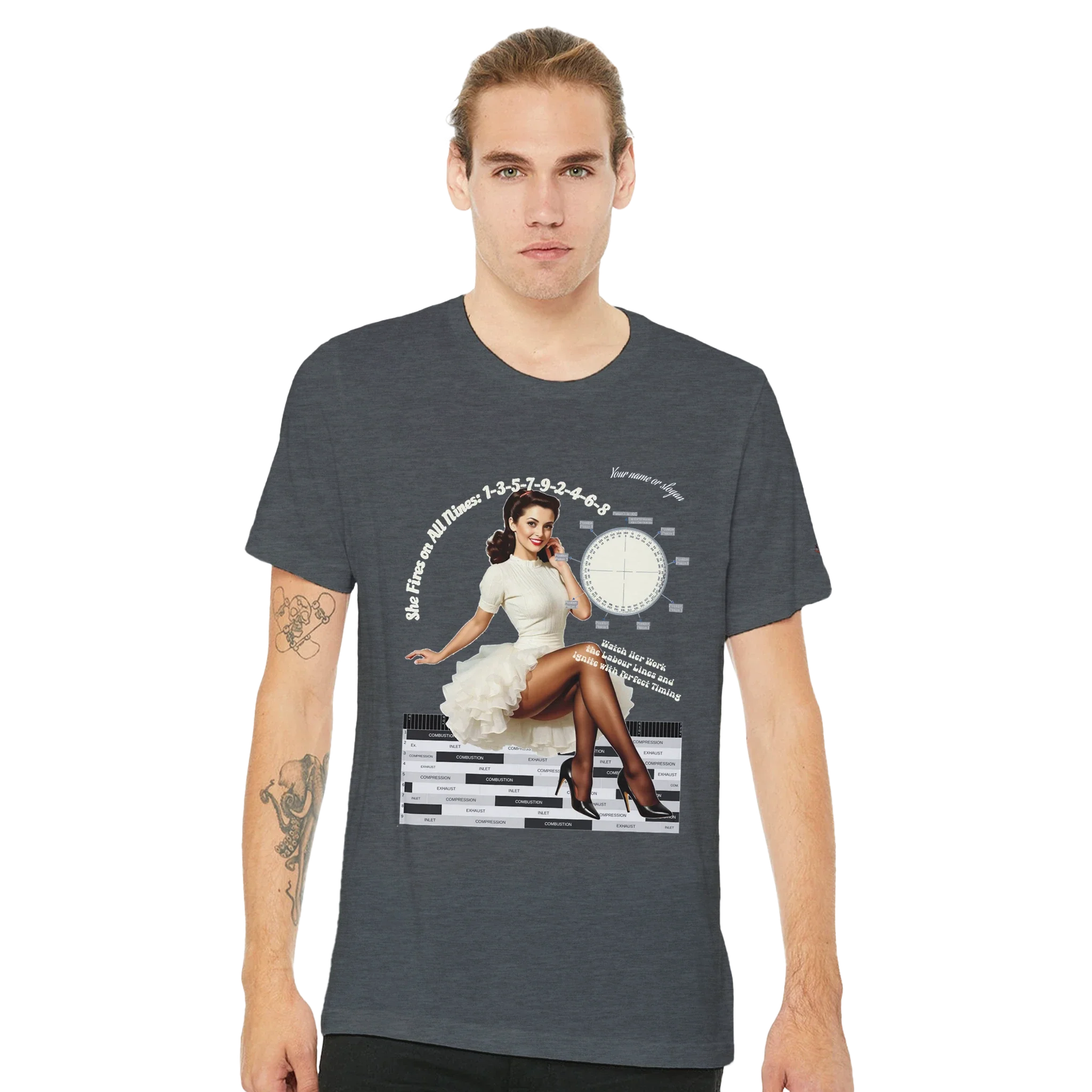 Model wearing unisex vintage pin-up engine diagram T-shirt with 1940's style artwork and technical print