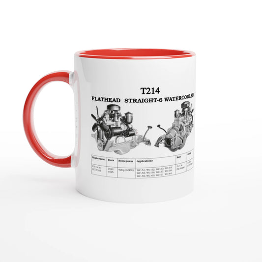 STRAIGHT SERIES T214 ENGINE 325ml colored ceramic mug with red interior and handle, featuring Flathead Straight-6 engine diagram and specs.