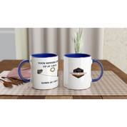 Undeniable Fuel Sending Unit 325ml Ceramic Mugs with blue interior shown on a table, perfect for classic car lovers' kitchen decor.