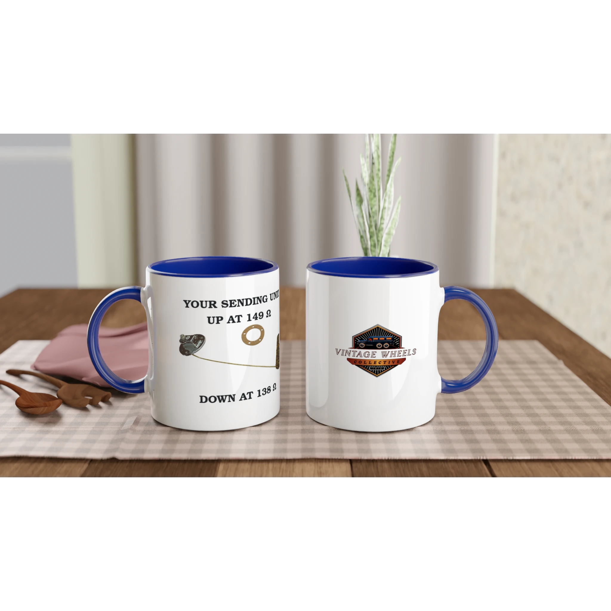 Undeniable Fuel Sending Unit 325ml Ceramic Mugs with blue interior shown on a table, perfect for classic car lovers' kitchen decor.