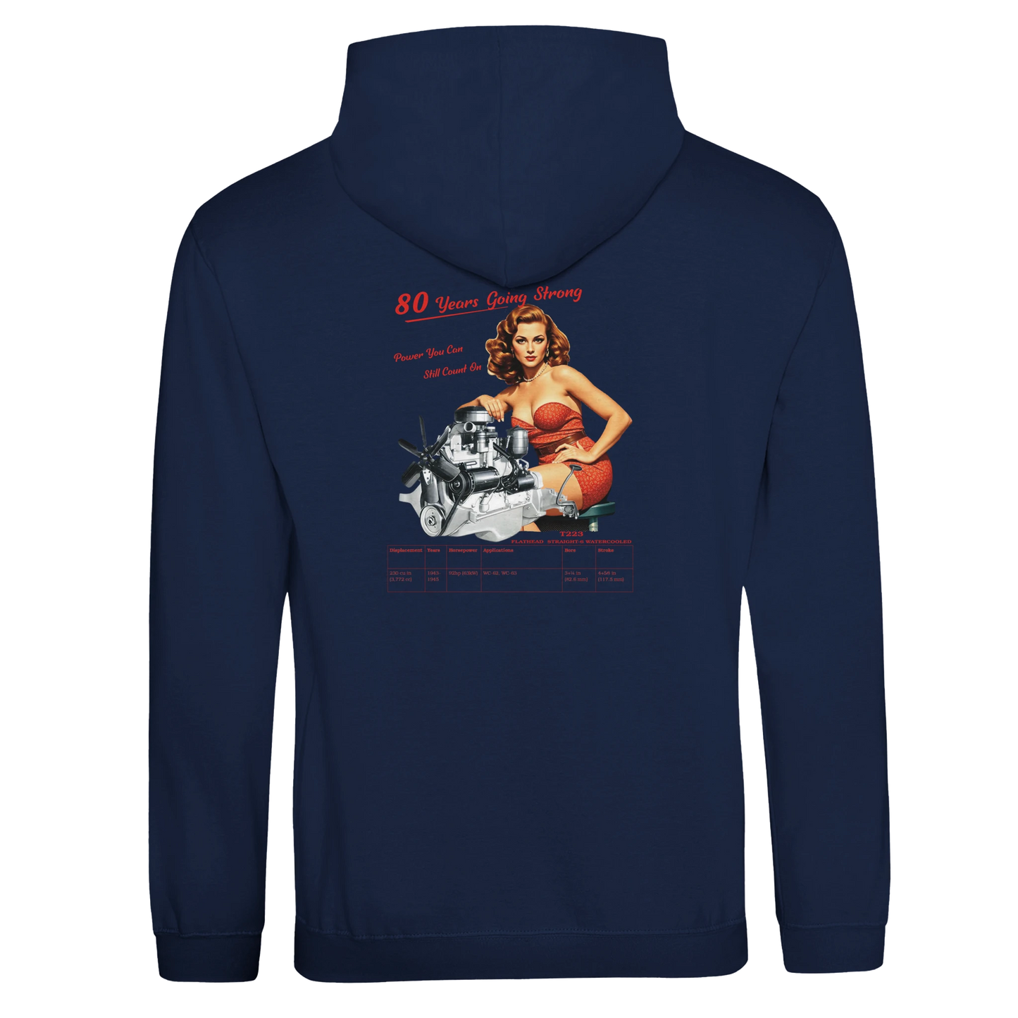 Large back graphic of flathead T223 inline-6 engine with vintage-style slogan