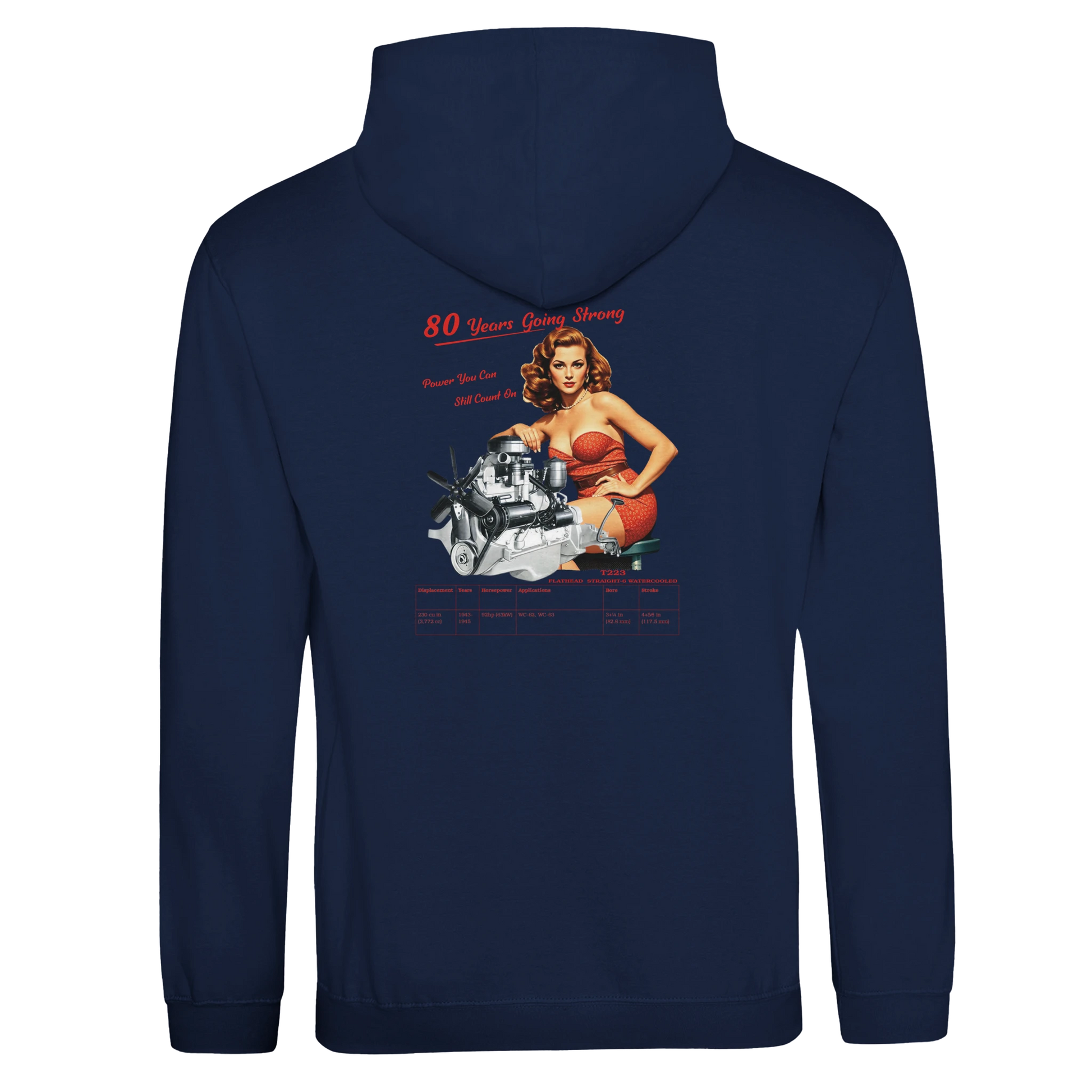 Large back graphic of flathead T223 inline-6 engine with vintage-style slogan