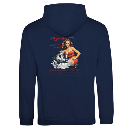 Large back graphic of flathead T223 inline-6 engine with vintage-style slogan