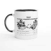 STRAIGHT SERIES T223 ENGINE 325ml COLORED CERAMIC MUG in black and white with Flathead Straight-6 engine diagram, ideal for car lovers.