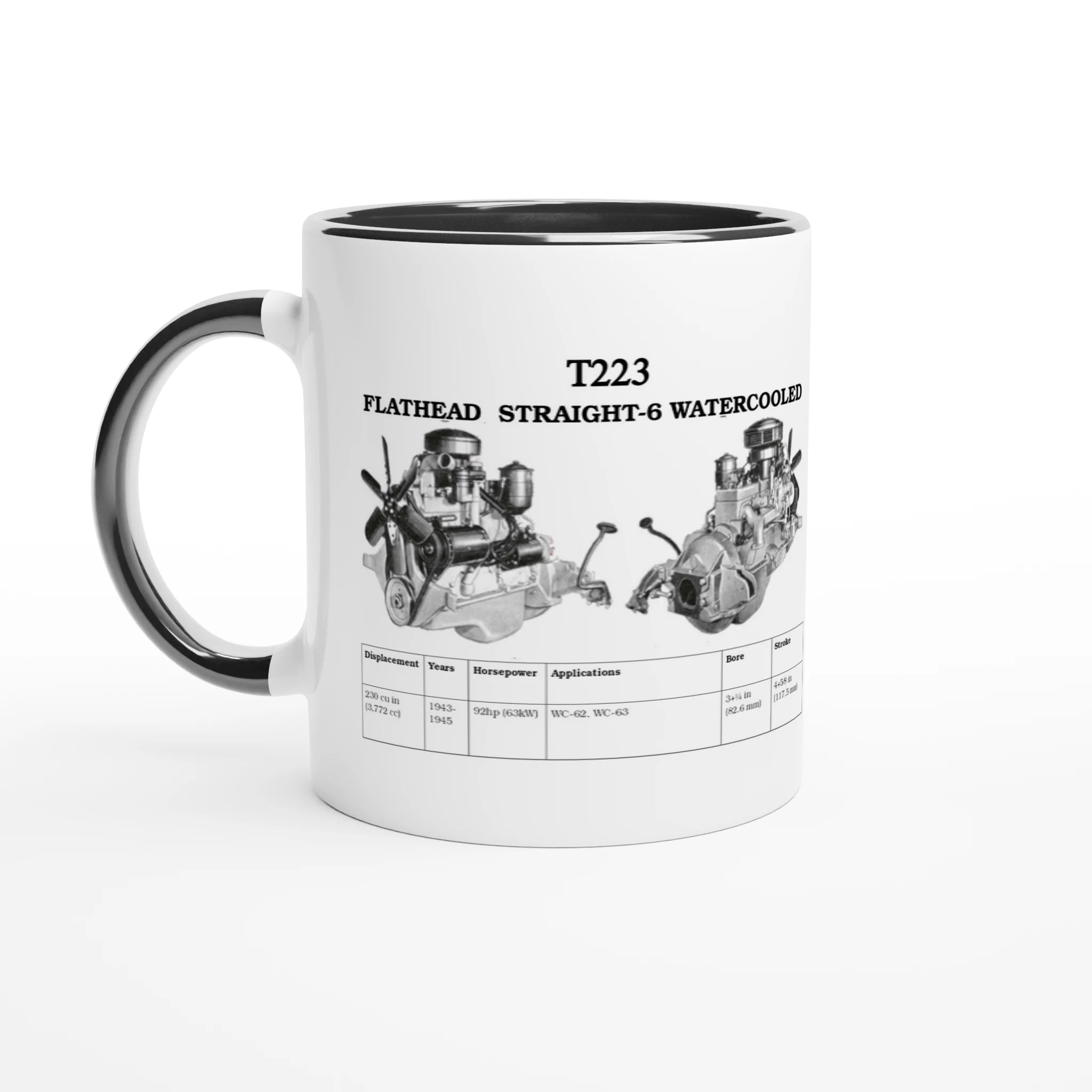 STRAIGHT SERIES T223 ENGINE 325ml COLORED CERAMIC MUG in black and white with Flathead Straight-6 engine diagram, ideal for car lovers.