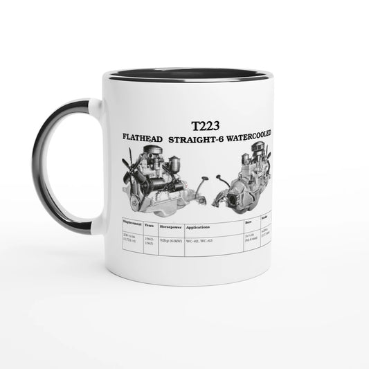 STRAIGHT SERIES T223 ENGINE 325ml COLORED CERAMIC MUG in black and white with Flathead Straight-6 engine diagram, ideal for car lovers.