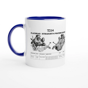 Blue-handled STRAIGHT SERIES T214 ENGINE 325ml ceramic mug featuring detailed Flathead Straight-6 engine diagram and usage chart.
