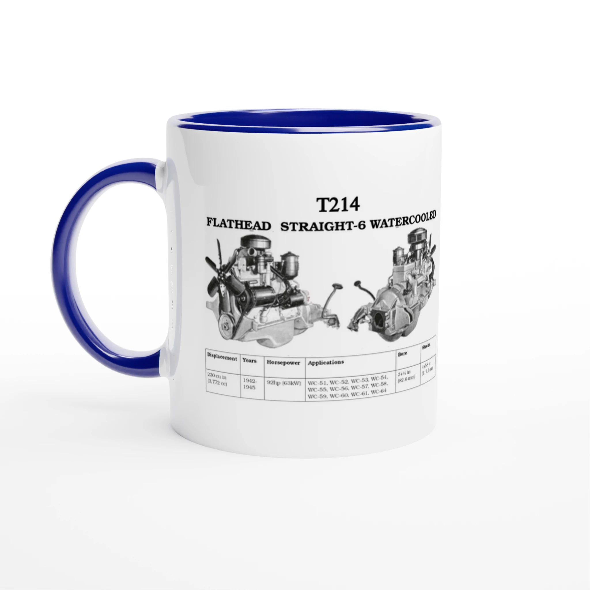 Blue-handled STRAIGHT SERIES T214 ENGINE 325ml ceramic mug featuring detailed Flathead Straight-6 engine diagram and usage chart.