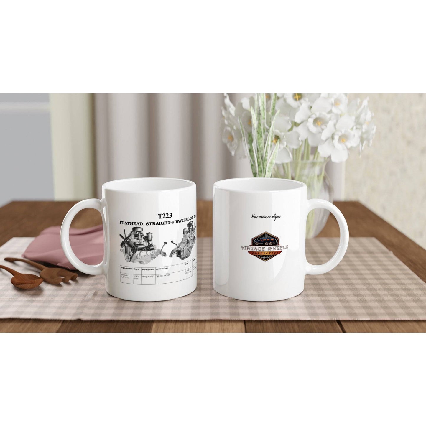 Two personalized ceramic mugs with vintage car designs