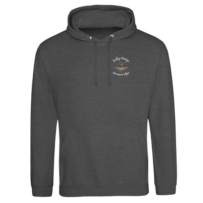 T223 Comfy Hoodiein charcoal gray with minimalist front embroidery, classic pullover hoodie for men and women.