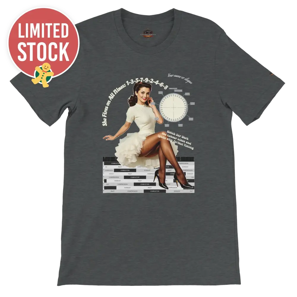 Unisex T-shirt featuring 1940s pin-up girl with Rolls-Royce 9-cylinder engine crank angle and labour diagram, and "She Fires on All Nines" text in Dark Gray Heather