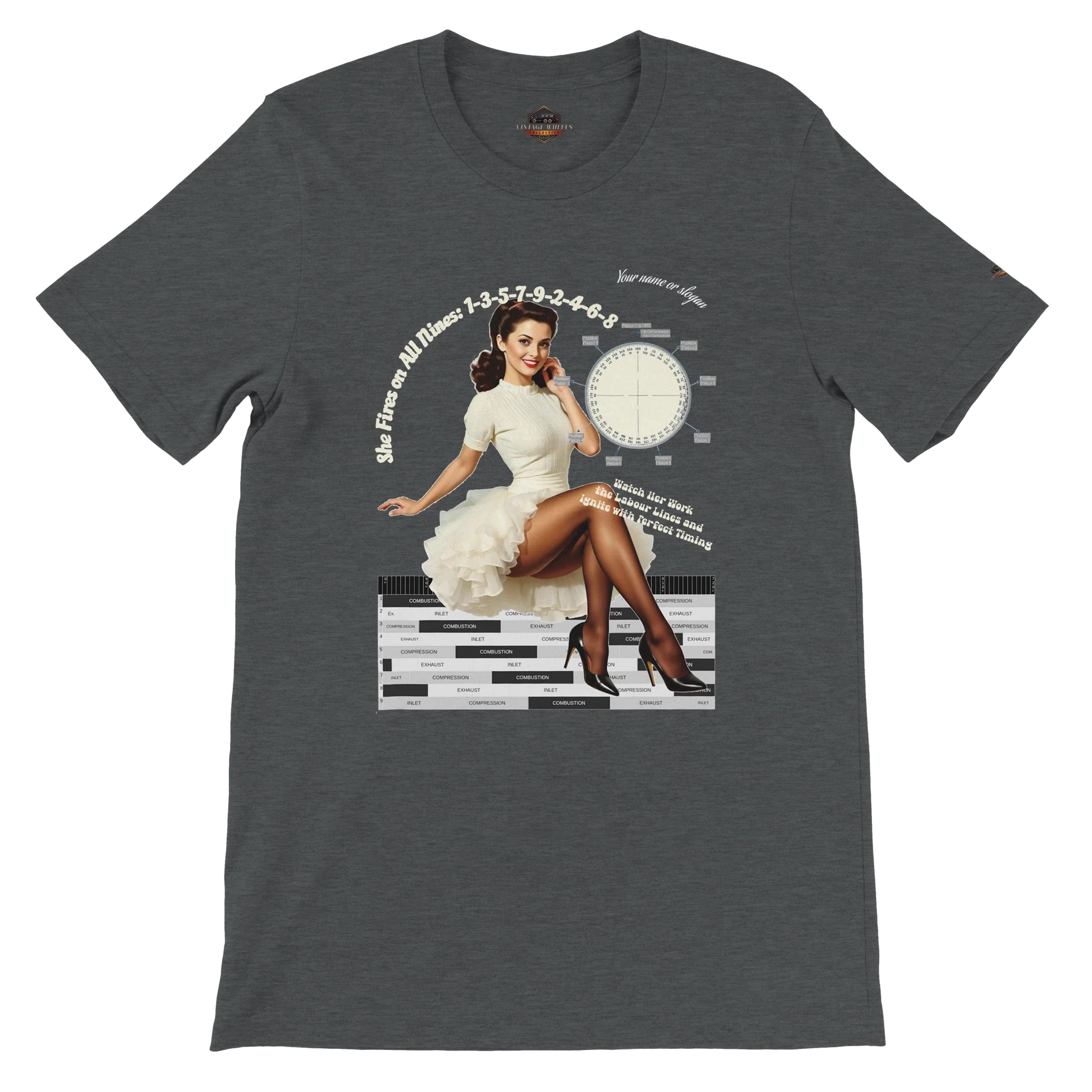 Unisex T-shirt featuring 1940s pin-up girl with Rolls-Royce 9-cylinder engine crank angle and labour diagram, and "She Fires on All Nines" text in Dark Gray Heather