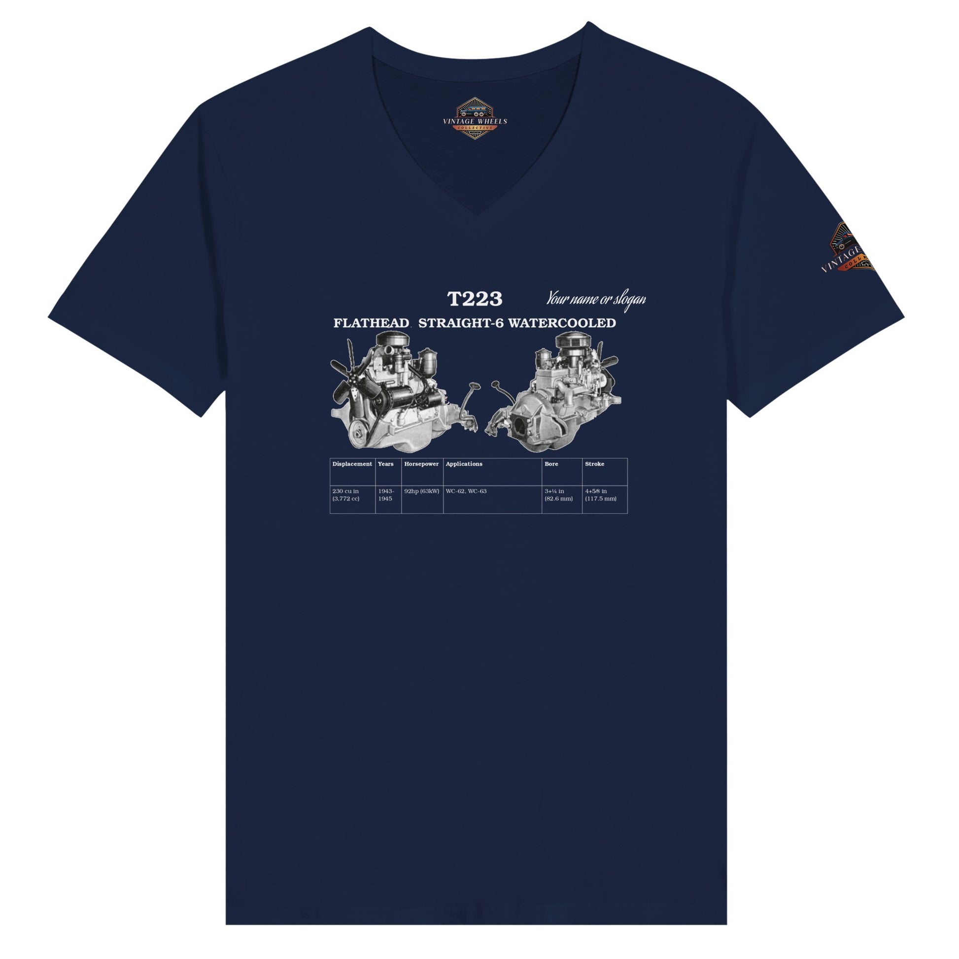 Straight-6 Series v-neck T-Shirt in Navy featuring Flathead Straight-6 T223  engine. Customize with your name or slogan