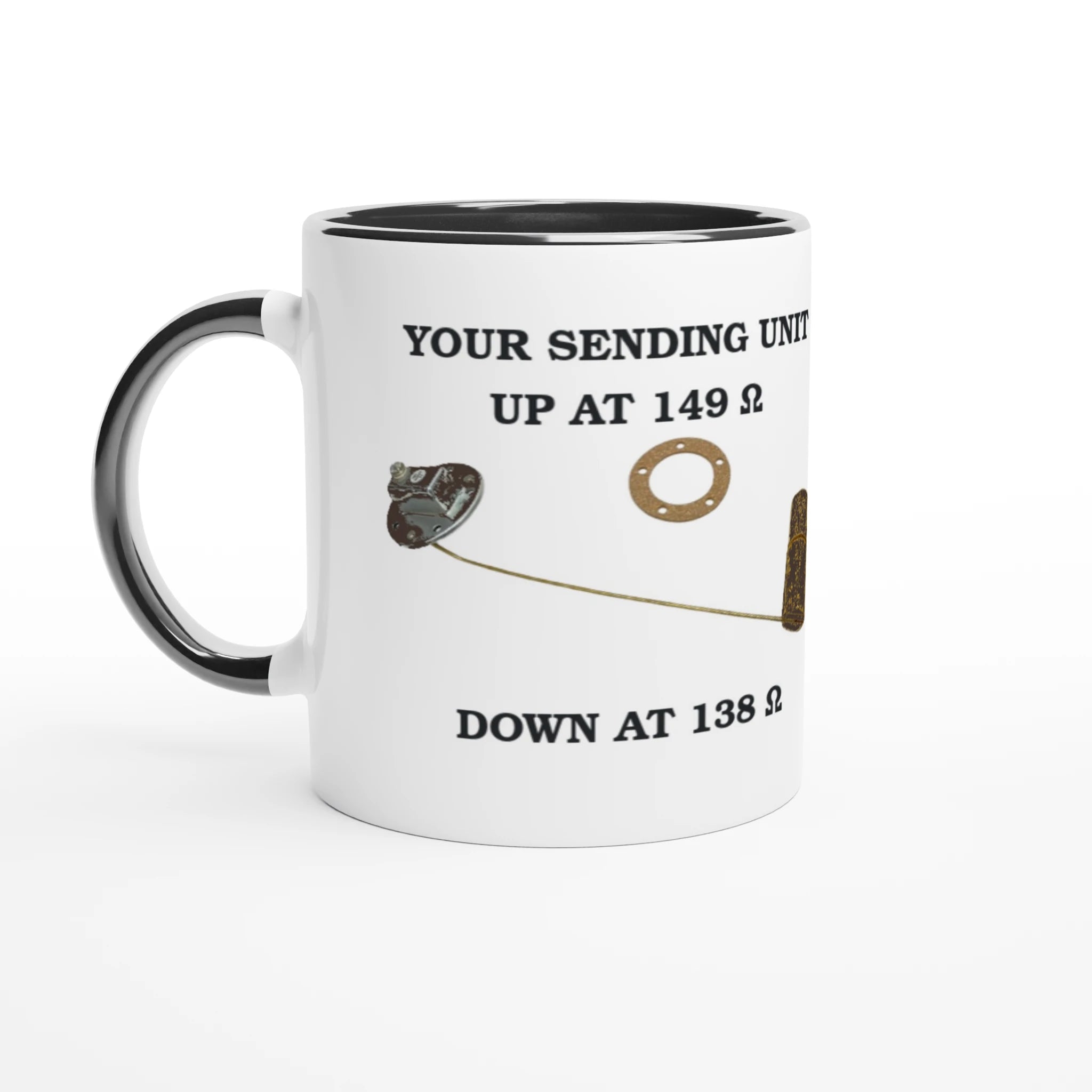 Undeniable Fuel Sending Unit 325ml Ceramic Mug with black interior, designed for classic car enthusiasts and collectors.