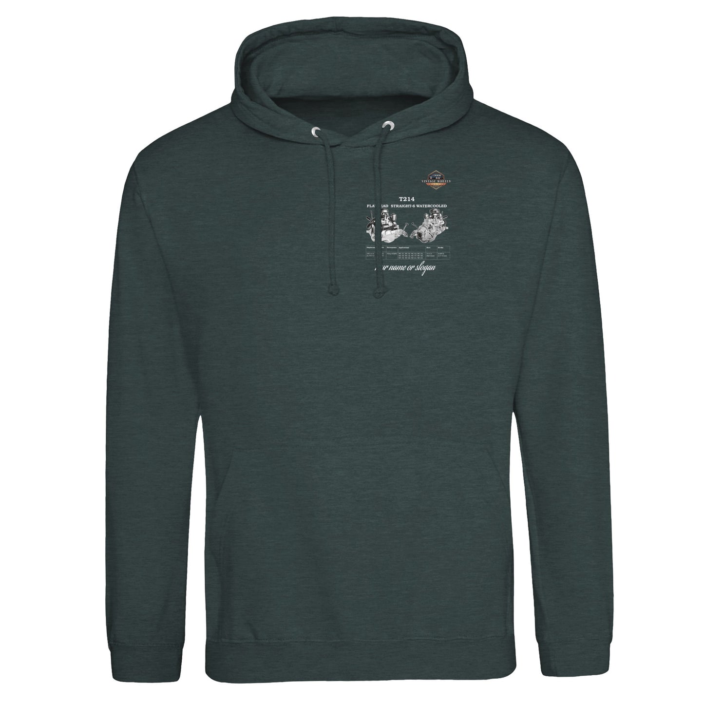 Straight Series Pullover hoodie in Charcoal featuring T214 Flathead Straight-6 Engine. Customized with your name or slogan