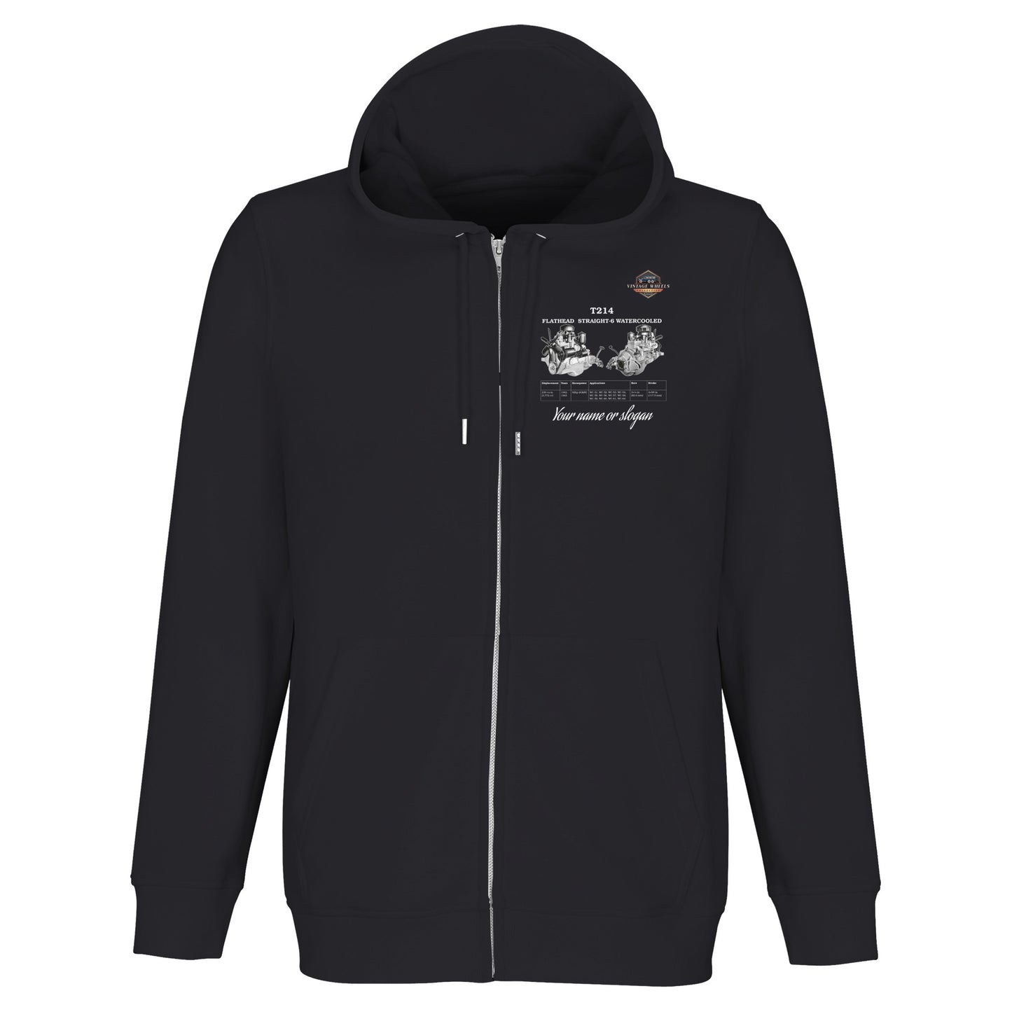 Straight Series zip-up hoodie in Black featuring T214 Flathead Straight-6 Engine. Customized with your name or slogan