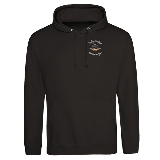 Front view of black V-SERIES Pullover Hoodie ICONIC V12 STREETWEAR with small chest logo and drawstring hood in streetwear style.