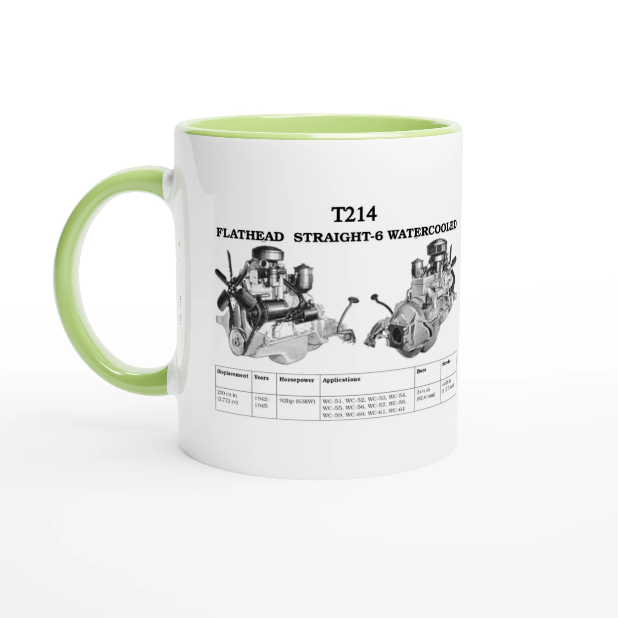 Green-accented STRAIGHT SERIES T214 ENGINE 325ml ceramic mug with Flathead Straight-6 engine artwork and performance specifications.