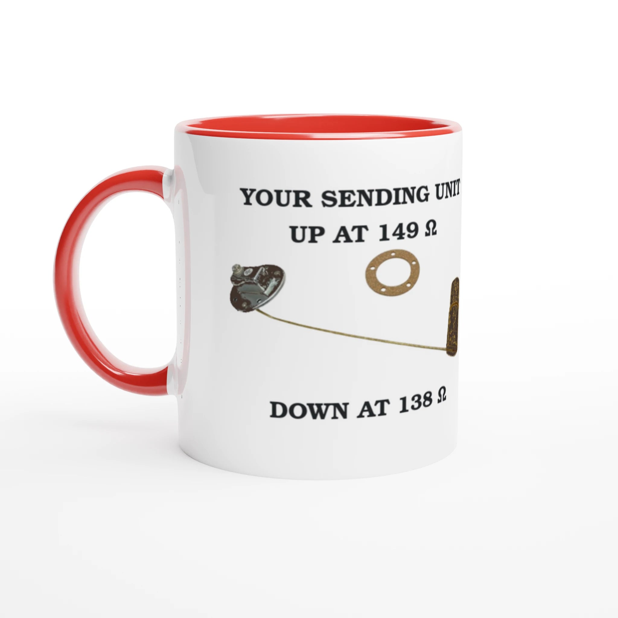 Undeniable Fuel Sending Unit 325ml Ceramic Mug with red interior, featuring fuel sender specs for vintage car aficionados.