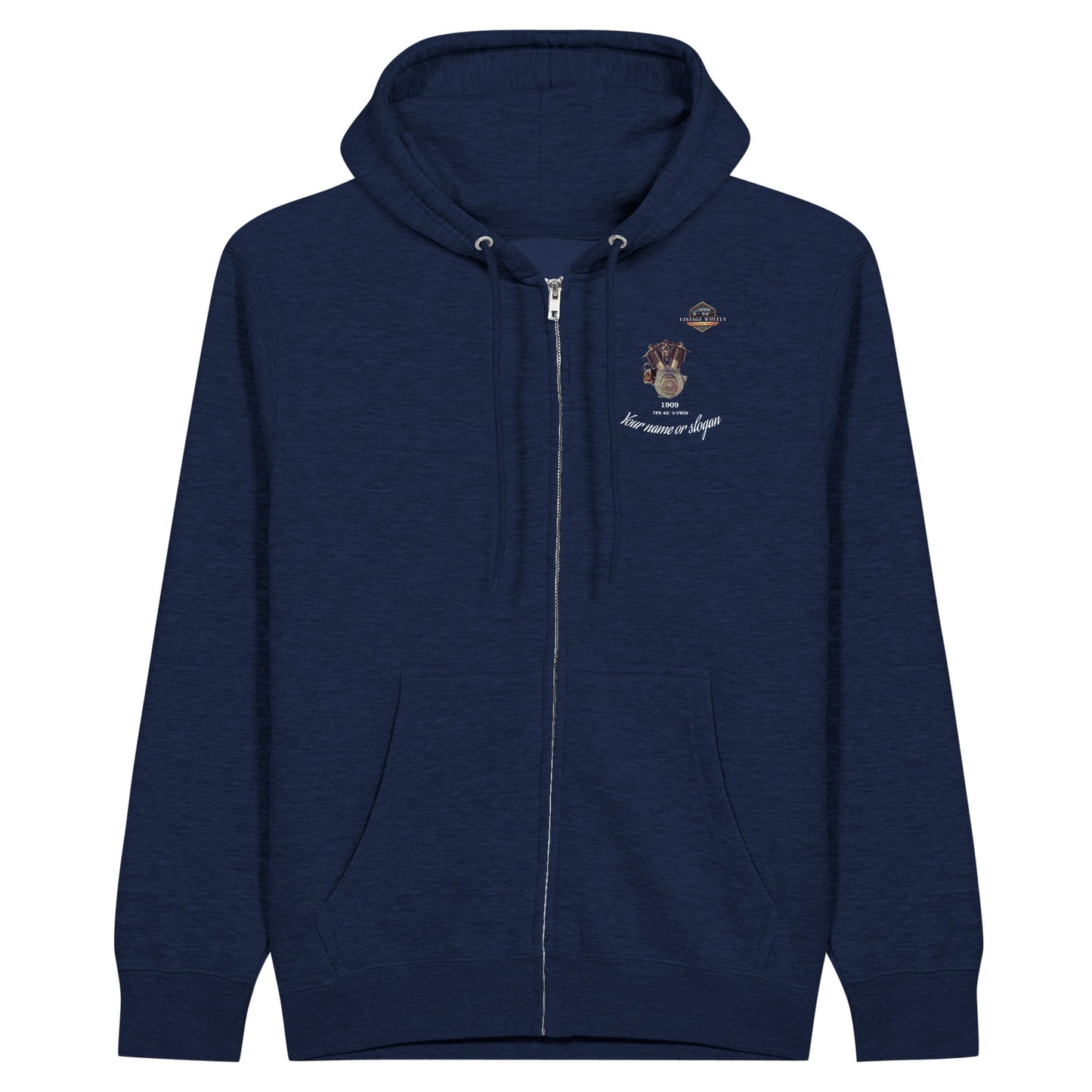 The Motorcycle Diaries zip-up Hoodie - Front - in Navy featuring 1909 V-Twin. Customize it with your name or slogan.