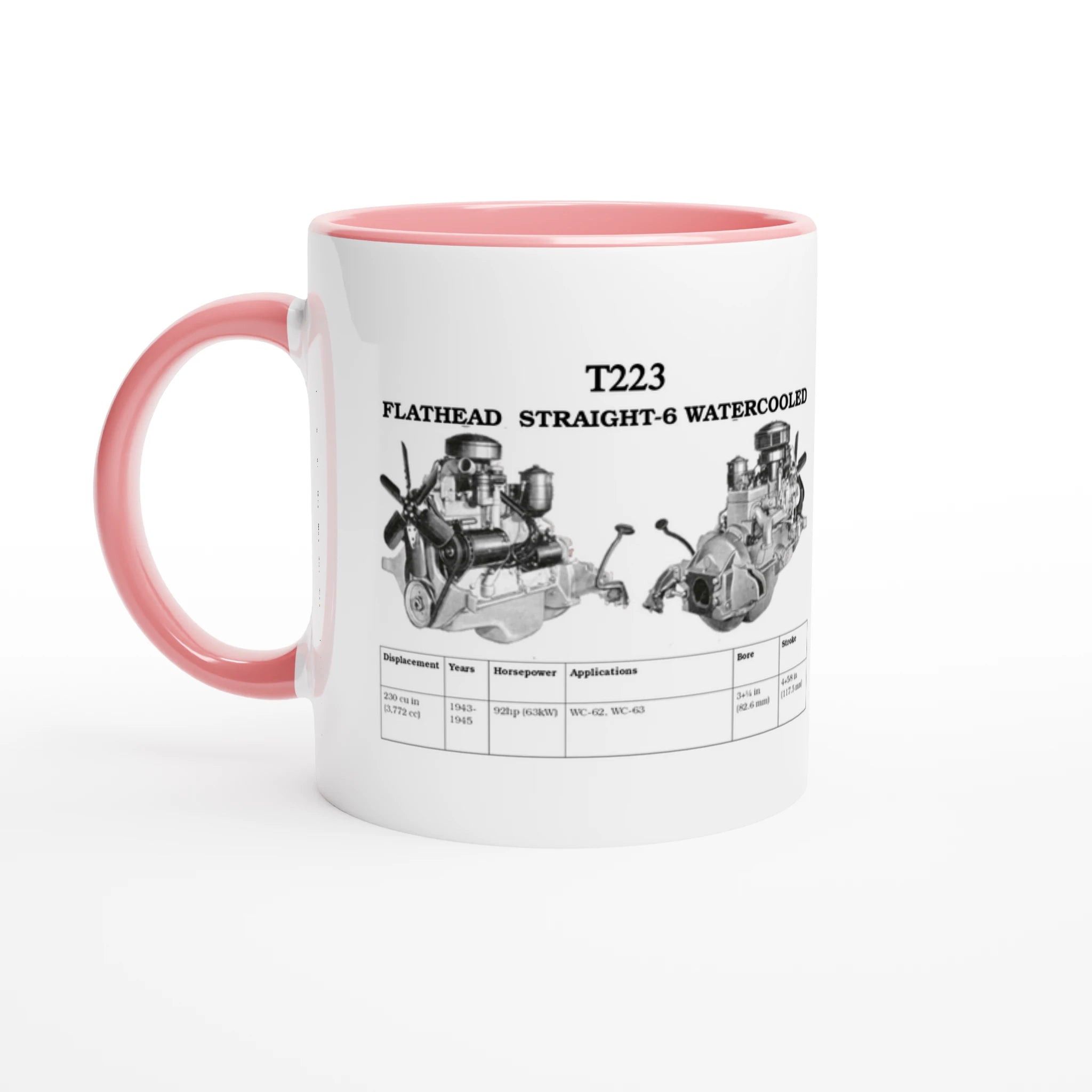Pink-accented STRAIGHT SERIES T223 ENGINE 325ml COLORED CERAMIC MUG with Flathead Straight-6 engine illustration, stylish drinkware for car buffs.