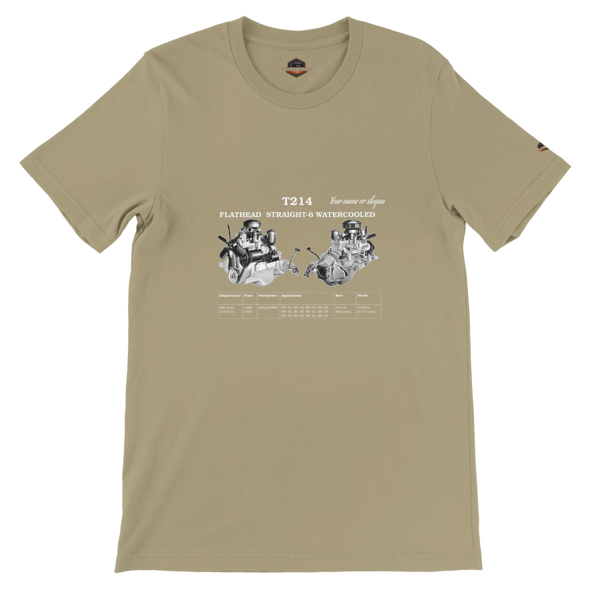 Straight-6 Series crew neck T-Shirt in tan featuring Flathead Straight-6 T214 engine. Customize with your name or slogan