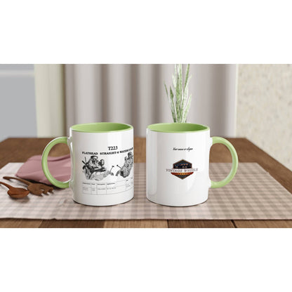 Two ceramic mugs on table, Flathead Straight-6 and Vintage Wheels designs