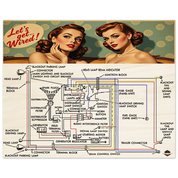 WALL ART LETS GET WIRED WOOD PRINT 40x50 cm / 16x20″ featuring vintage pin-up style and 1941-1945 weapon carrier truck wiring diagram on rustic wood.