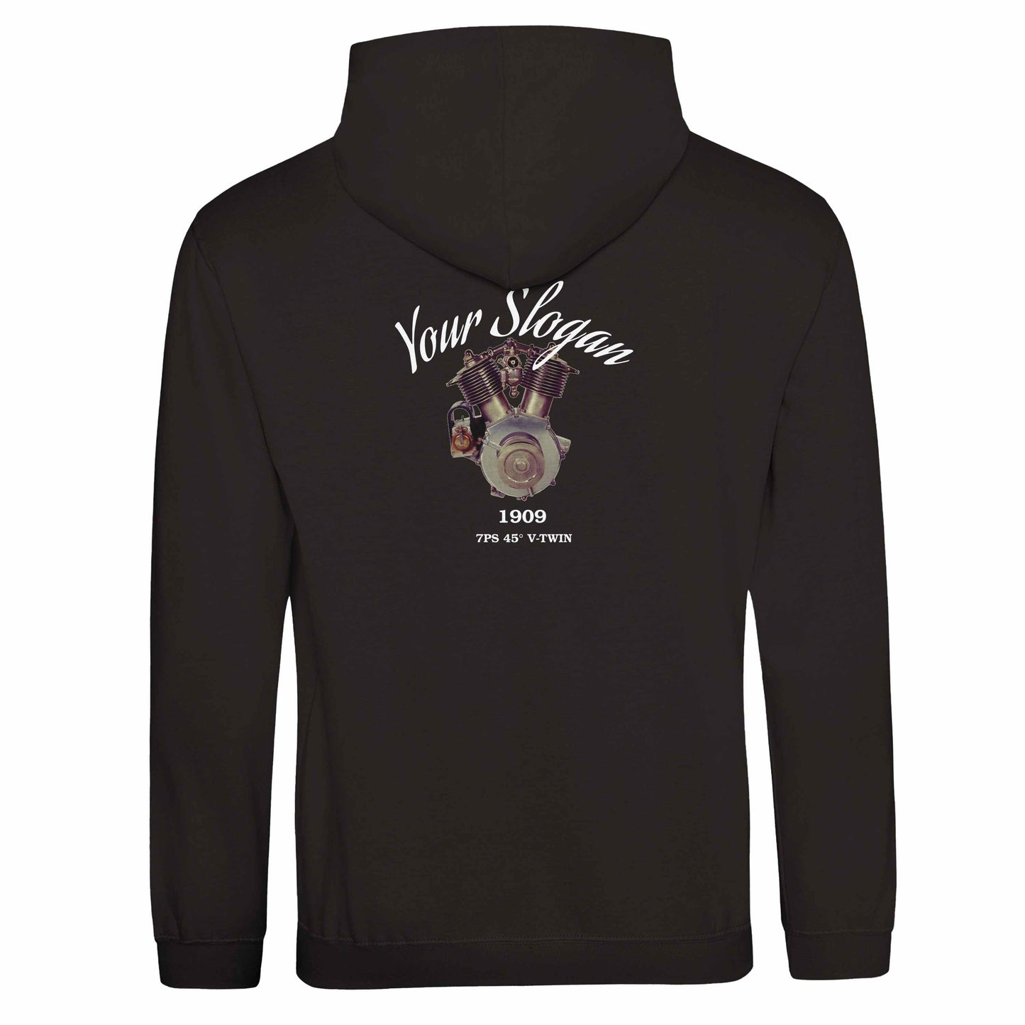 The Motorcycle Diaries Pullover Hoodie - Back - in Deep Black featuring 1909 V-Twin. Customize it with your name or slogan.