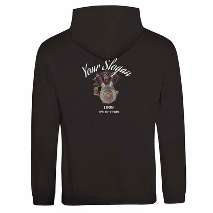 The Motorcycle Diaries Pullover Hoodie - Back - in Deep Black featuring 1909 V-Twin. Customize it with your name or slogan.