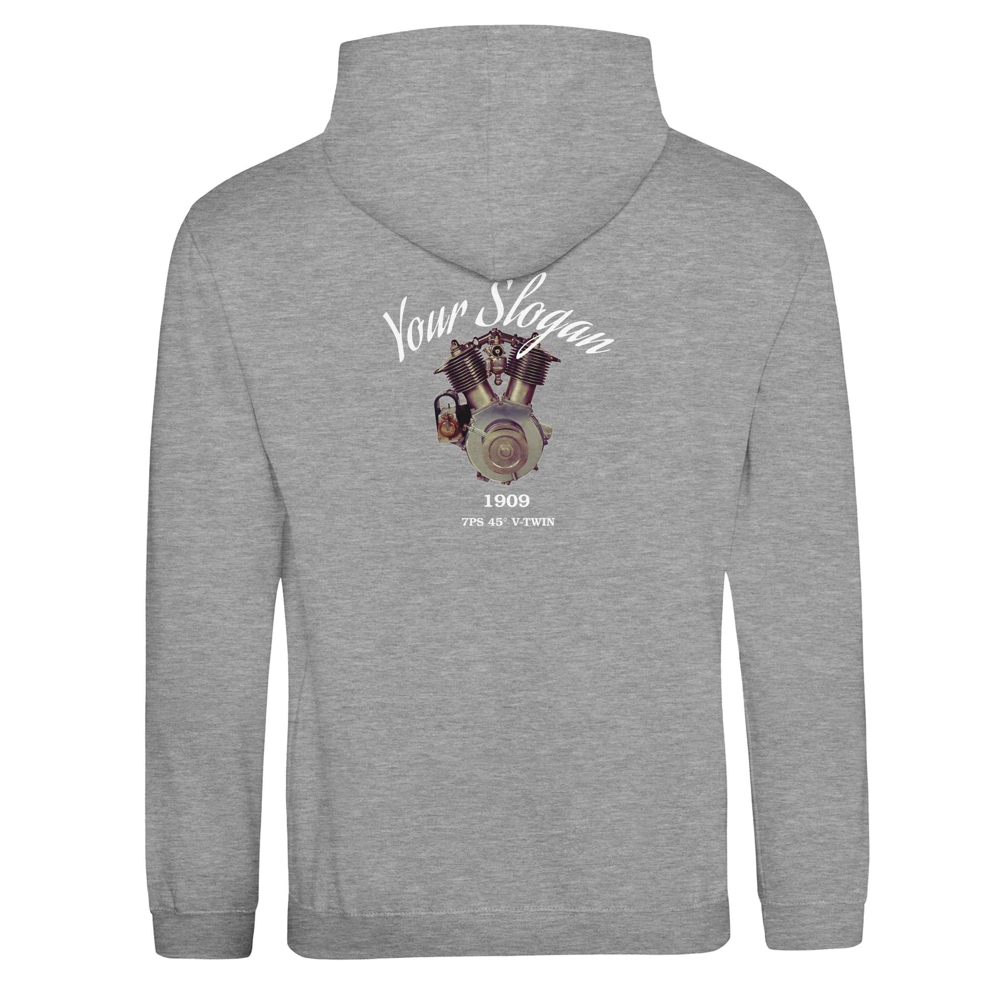 The Motorcycle Diaries Pullover Hoodie - Back - in Heather Gray featuring 1909 V-Twin. Customize it with your name or slogan.