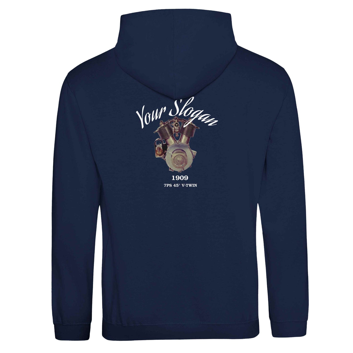 The Motorcycle Diaries Pullover Hoodie - Back - in Oxford Navy featuring 1909 V-Twin. Customize it with your name or slogan.