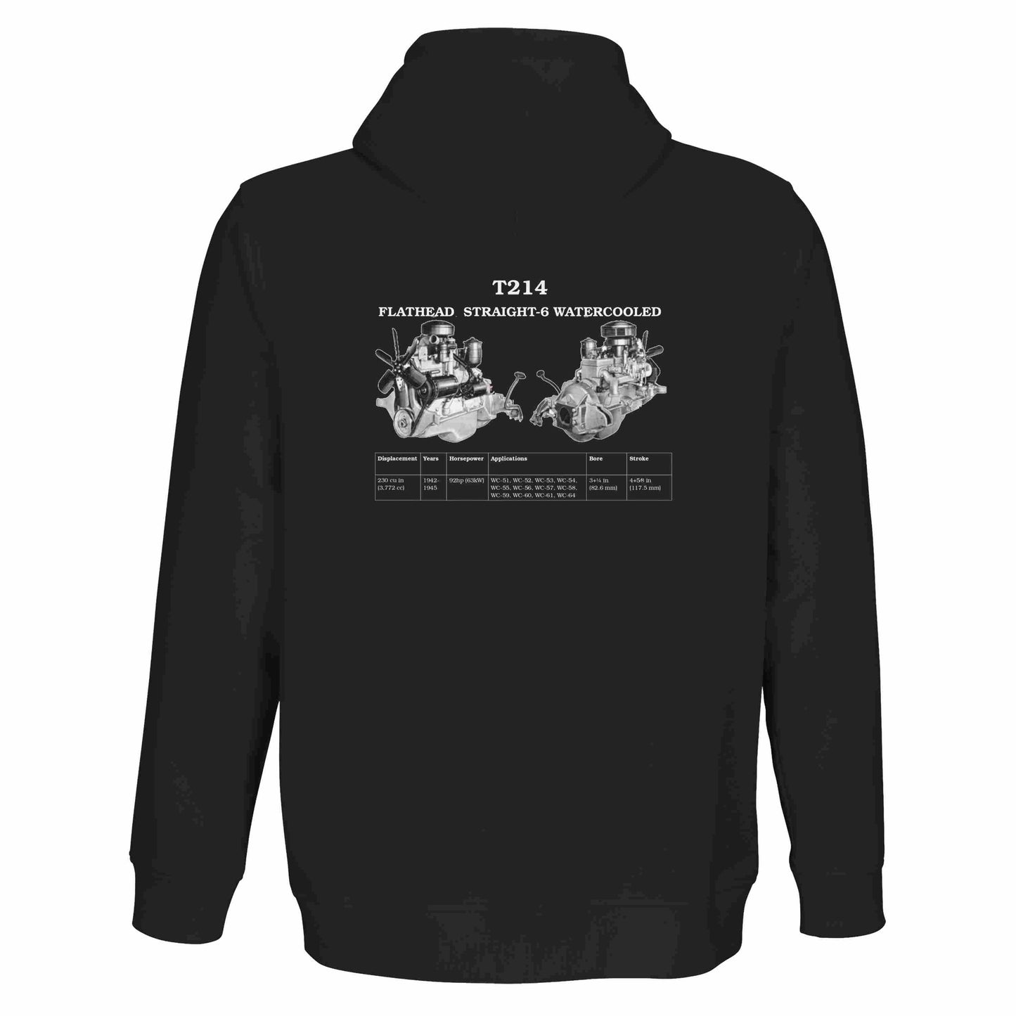 Stunning premium quality zip-up hoodie  in Black featuring the iconic Flathead Straight-6 Engine T214. Customized with your name or slogan.