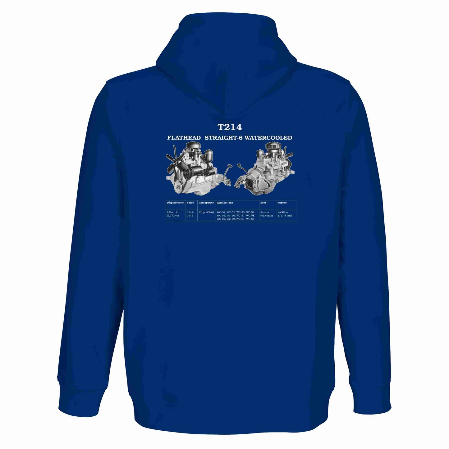 Stunning premium quality zip-up hoodie  in Blue featuring the iconic Flathead Straight-6 Engine T214. Customized with your name or slogan.