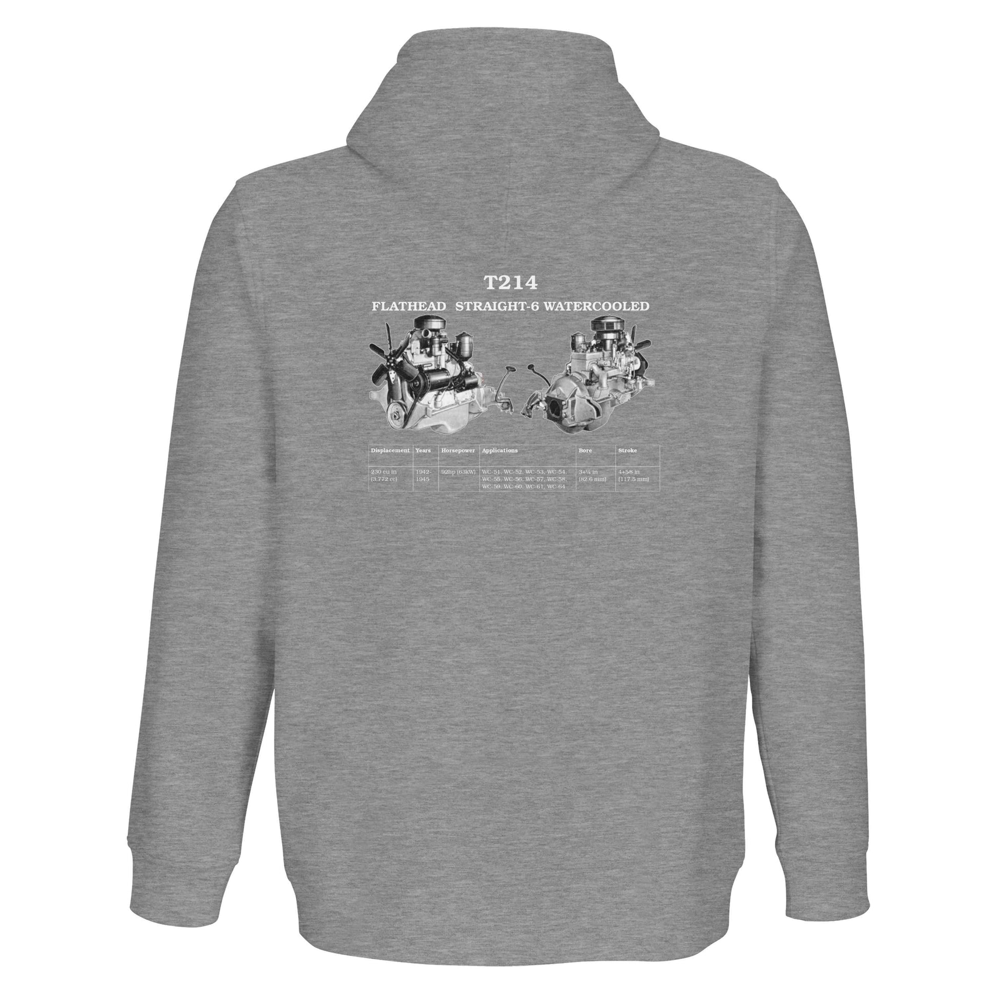 Stunning premium quality zip-up hoodie  in Grey featuring the iconic Flathead Straight-6 Engine T214. Customized with your name or slogan.