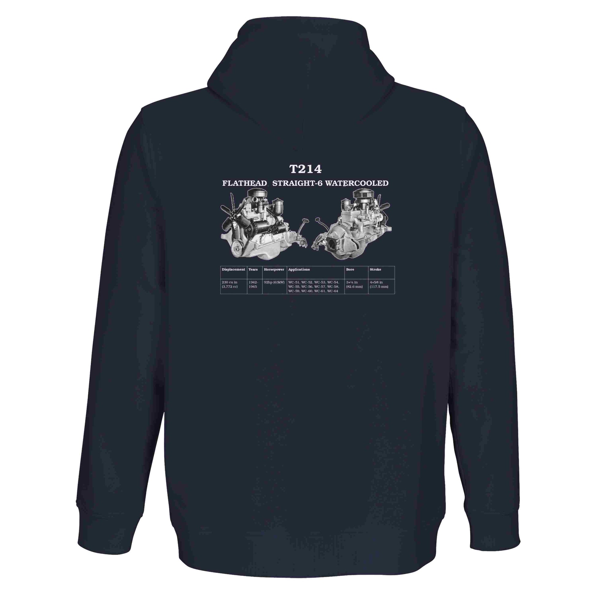 Stunning premium quality zip-up hoodie  in Navy featuring the iconic Flathead Straight-6 Engine T214. Customized with your name or slogan.