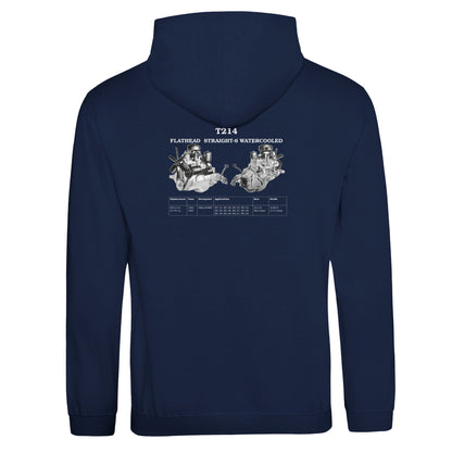 Straight Series Pullover hoodie in Oxford Navy featuring T214 Flathead Straight-6 Engine. Customized with your name or slogan