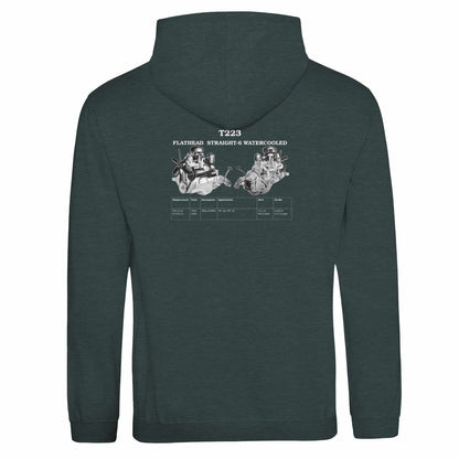 Straight Series Pullover hoodie in Charcoal featuring T223 Flathead Straight-6 Engine. Customized with your name or slogan