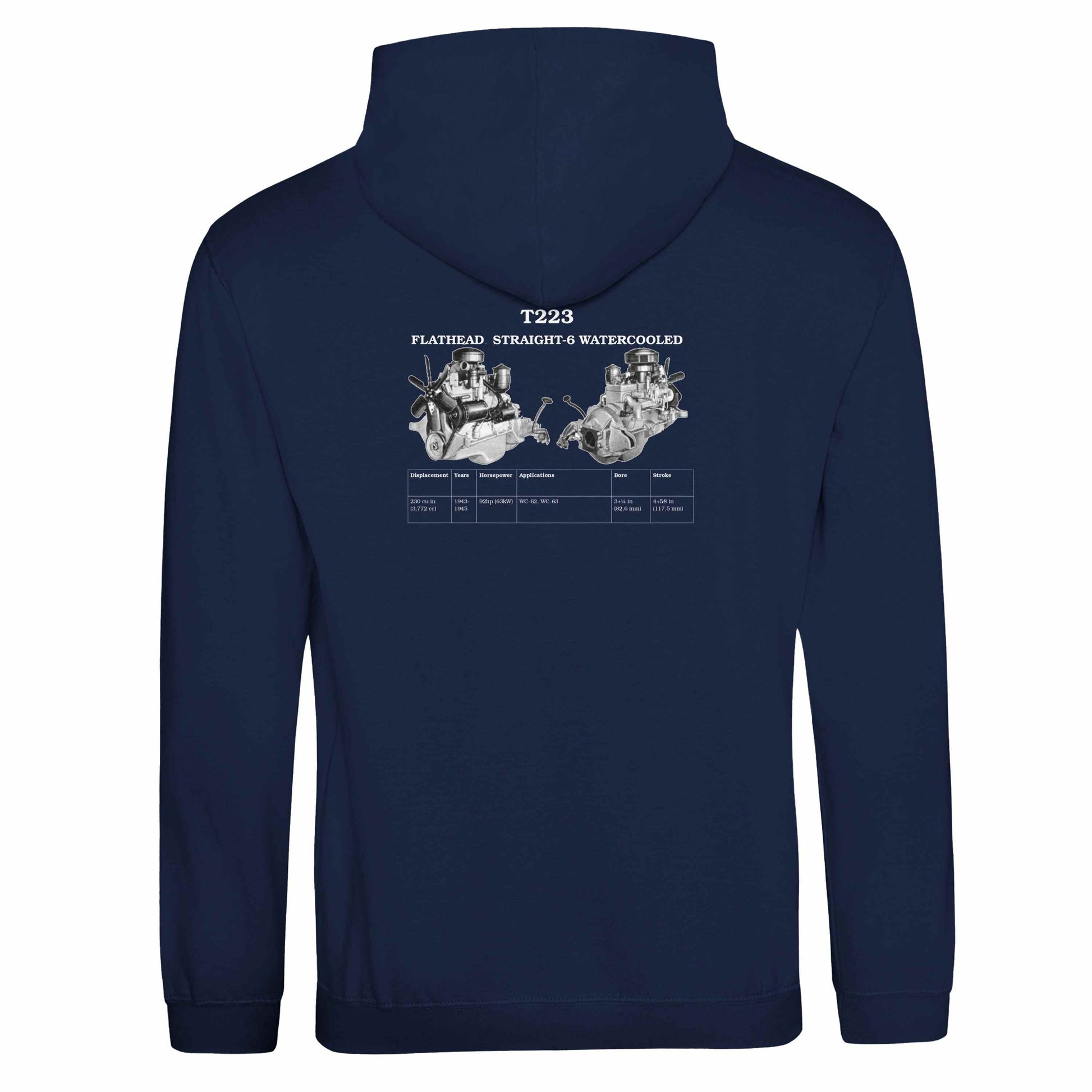 Straight Series Pullover hoodie in Navy featuring T223 Flathead Straight-6 Engine. Customized with your name or slogan