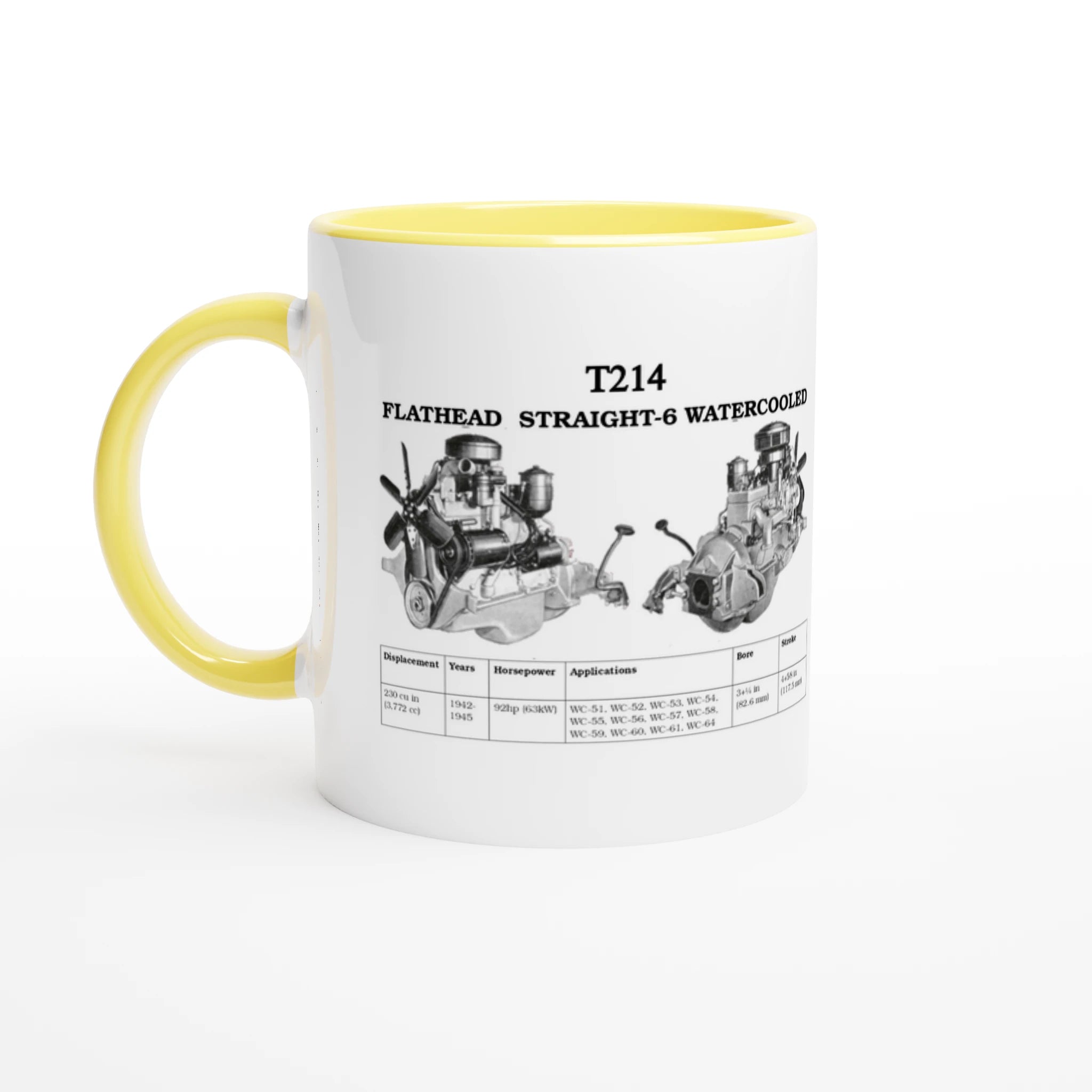 325ml STRAIGHT SERIES T214 ENGINE ceramic mug with yellow accents, displaying vintage Flathead Straight-6 engine image and technical chart.