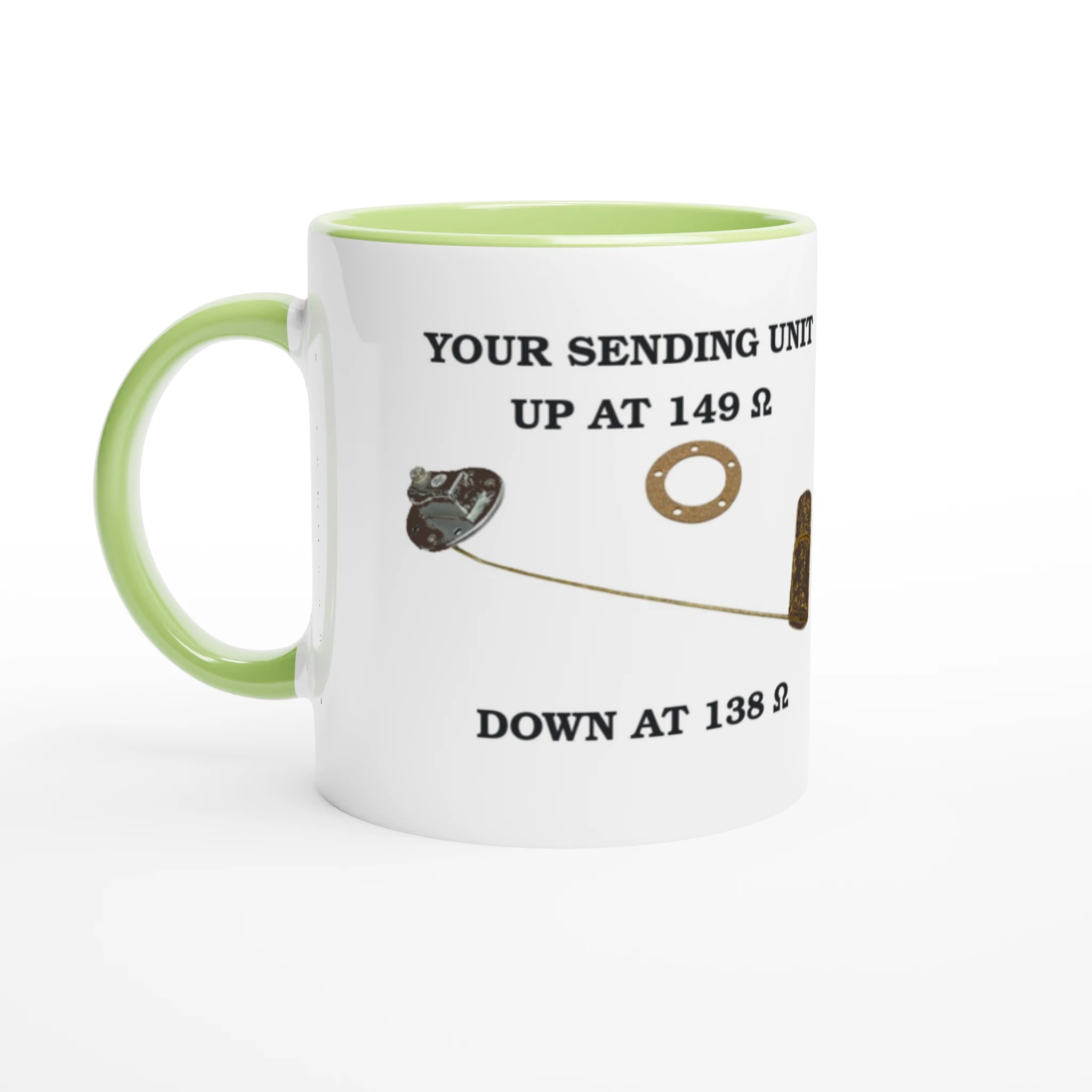 Undeniable Fuel Sending Unit 325ml Ceramic Mug with green interior, showcasing fuel sender resistance values for classic car fans.