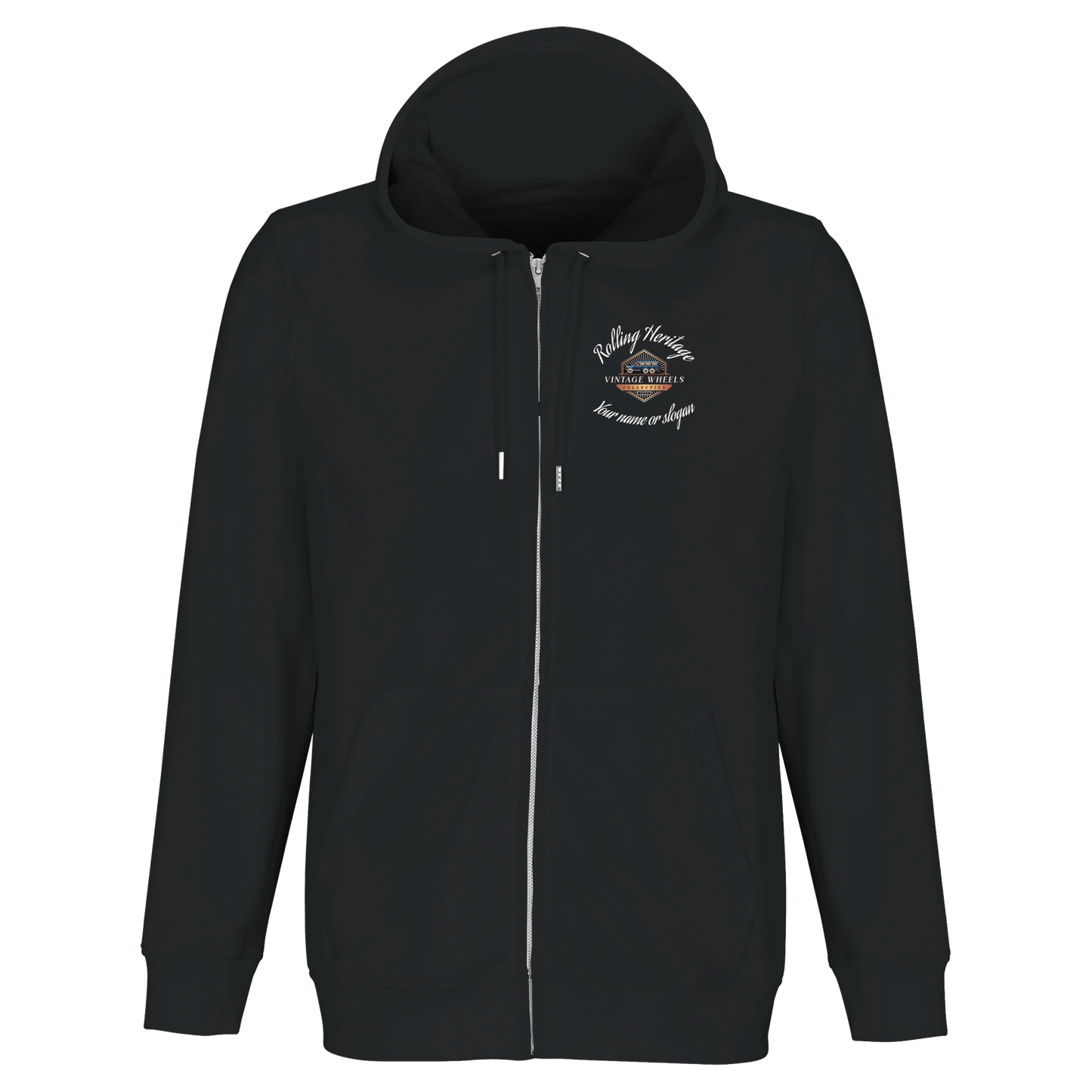 Unisex zip-up hoodie in black with small front Rolling Heritage logo and Route 66 theme