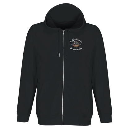 Unisex zip-up hoodie in black with small front Rolling Heritage logo and Route 66 theme