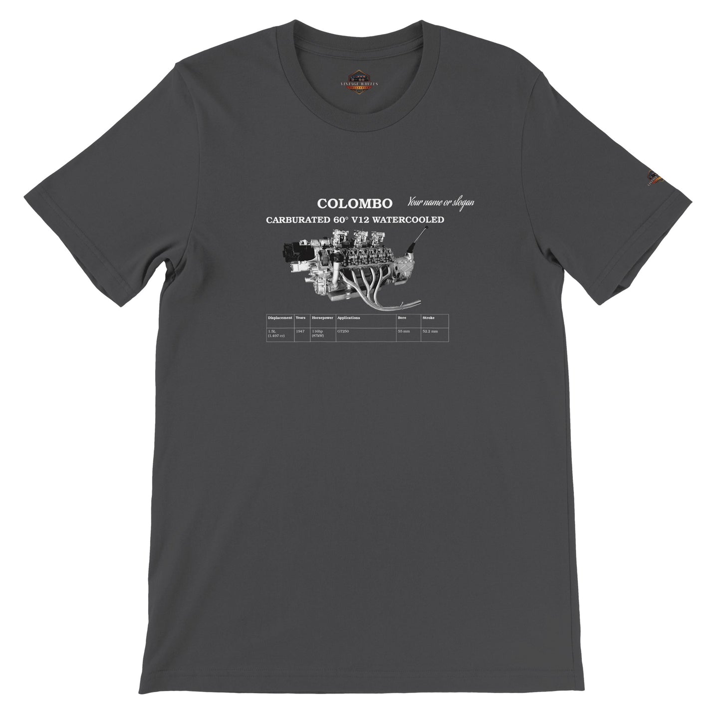 V-Series crew neck T-Shirt in dark gray featuring iconic V12 engine. Customize with your name or slogan