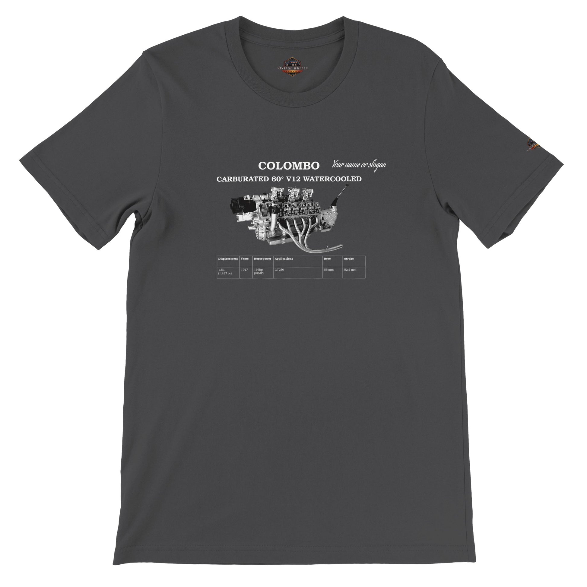 V-Series crew neck T-Shirt in dark gray featuring iconic V12 engine. Customize with your name or slogan