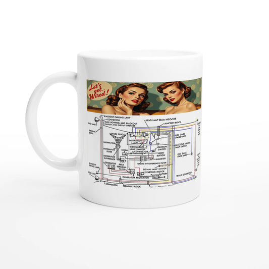UNDENIABLE LETS GET WIRED 325ml white ceramic mug with 1941-1945 truck wiring diagram and retro pin-up art, ideal for classic car lovers.