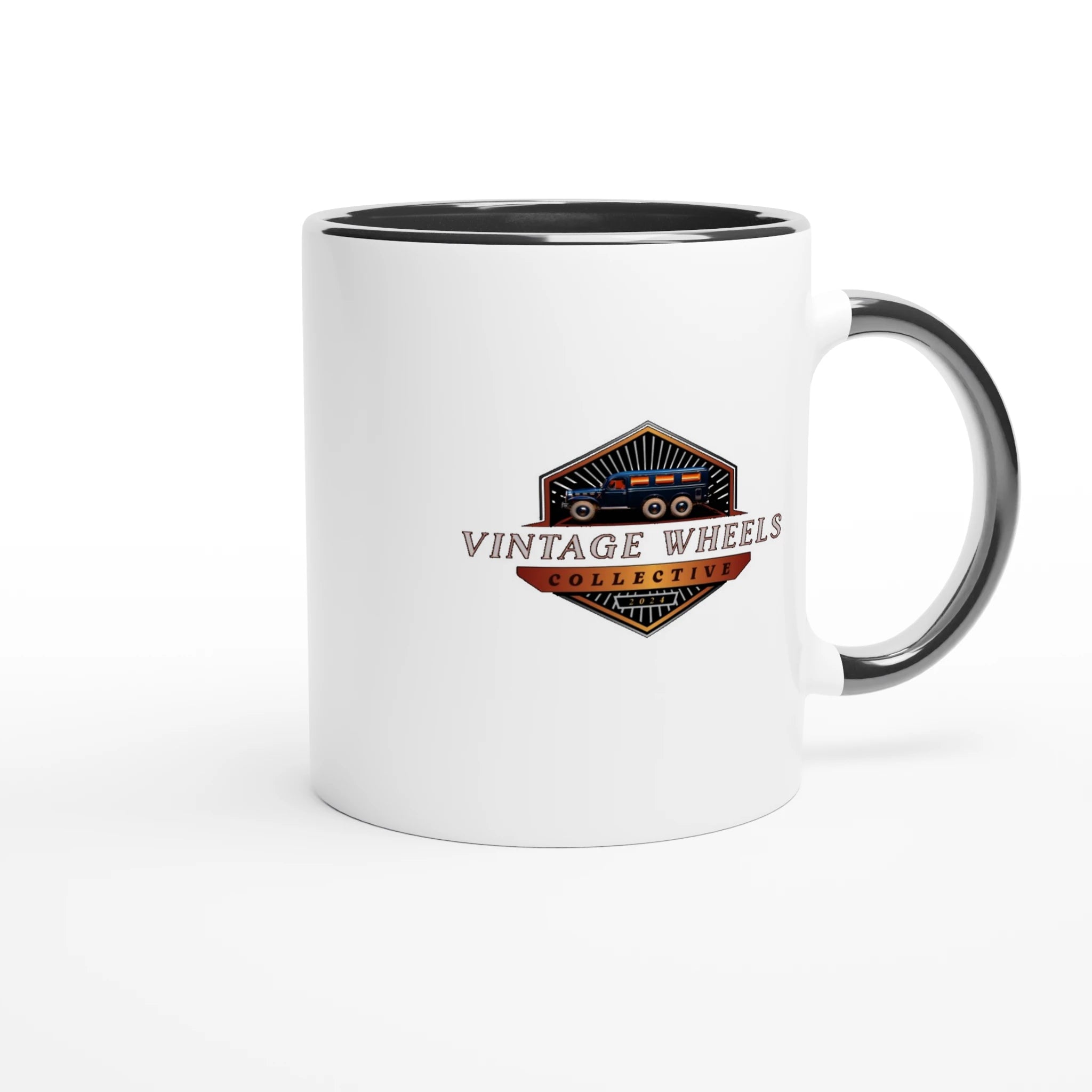 Black-accented STRAIGHT SERIES T223 ENGINE 325ml COLORED CERAMIC MUG with Vintage Wheels Collective logo, ideal for classic car enthusiasts.